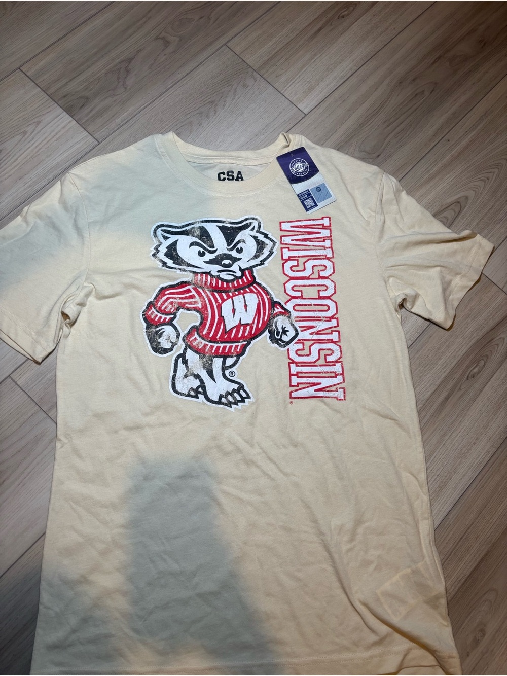 CSA Wisconsin Bucky Badger Short Sleeve Tee - Cream with Red Logo